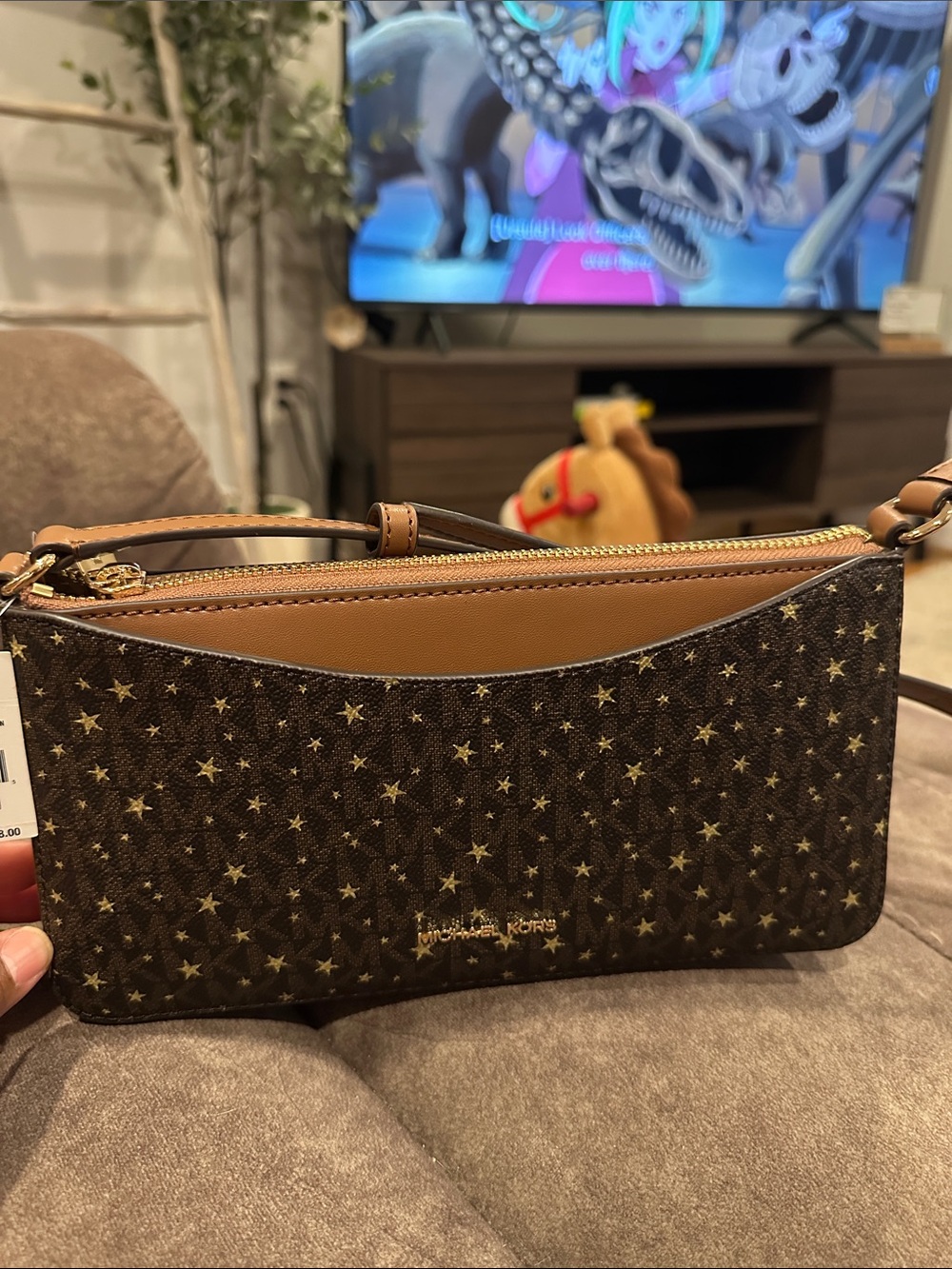 Michael Kors Brown Star-Print Crossbody with Tan Trim and Gold Hardware